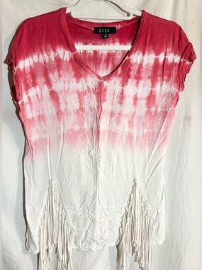 B.L.E.U Tie Dye Fringe Boho Shirt Sz S Top Tunic Festival Coachella Groovy